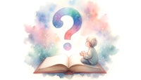 a child is sitting on an open book with a question mark in the middle